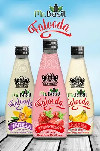 Mr. Basil Falooda drinks featuring Vanilla, Strawberry and Banana flavours in glass bottles.